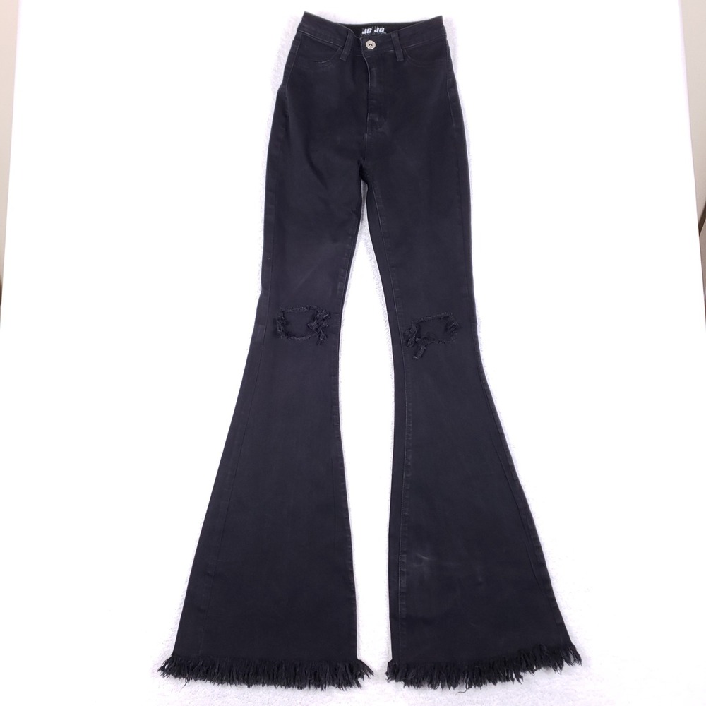 JC & JQ Jeans Women S Black Distressed Flare Bell Bottom High Rise Fringe Y2K